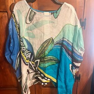 Chico's Asymmetrical Blue and White Dolman Sleeve Blouse